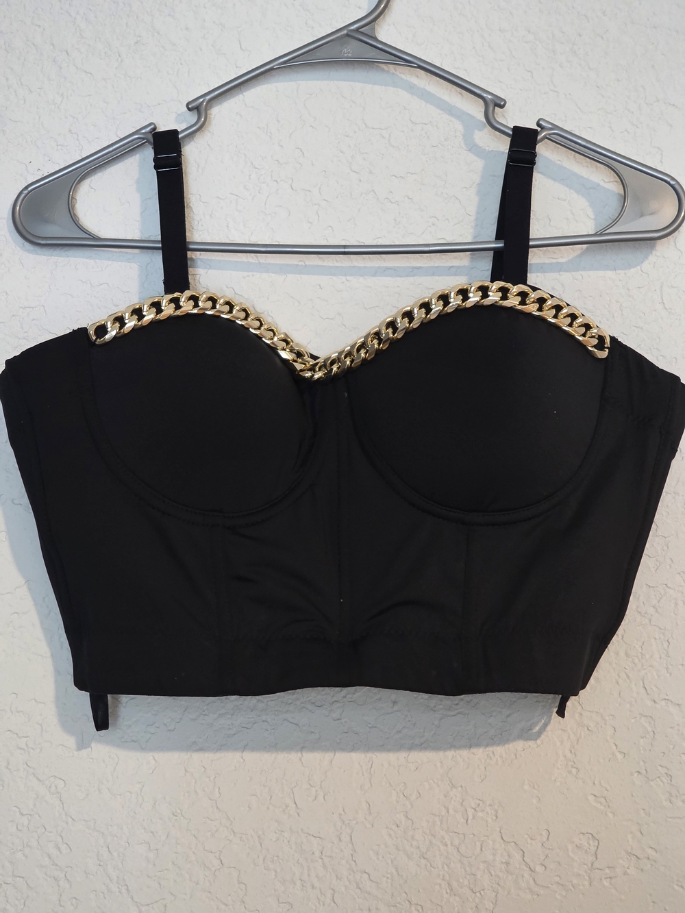 Say What? Black Bustier Crop Top with Gold Chain Detail